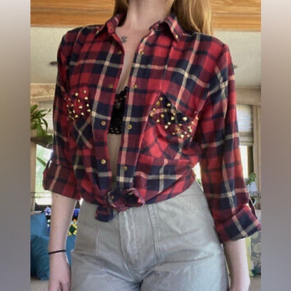 Cotton On Metal Spike Red Flannel Punk Shirt Womens Size Small snaps - Picture 2 of 12